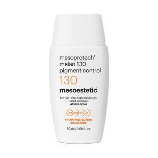 Mesoestetic Melan 130 Pigment Control is a tinted high factor sun protection which contains ingredients including Azeloglycine to regulate melanin synthesis and prevent pigmentation.
