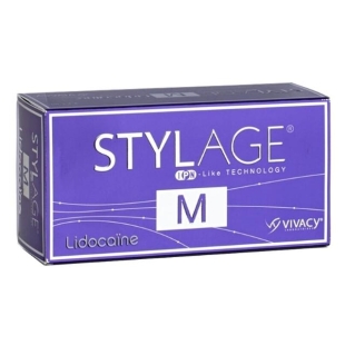Stylage M Lidocaine a cross-linked hyaluronic acid is used in the mid to deep dermis for filling of medium to deep naso-labial folds, smoothing of wrinkled and sagging areas, marionette lines, cheek wrinkles, hollow temple area, nasal hump reduction or na