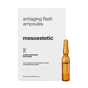 Mesoestetic Antiaging Flash Ampoules provide an immediate effect in combatting signs of aging and fatigue. Formulated with powerful plant tensors, these ampoules deliver an immediate anti-aging and anti-fatigue action. 
