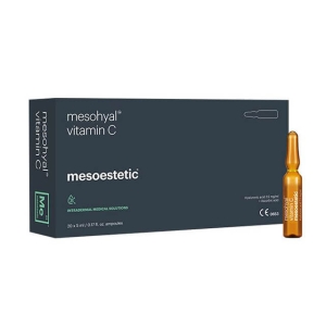 Mesohyal Vitamin C provides an antioxidant and brightening action, based on a blend of 20% ascorbic acid (vitamin c), mineral salts (sodium carbonate hydrogen, sodium sulphite, sodium edetate) and a non-cross linked hyaluronic acid. 