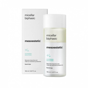 Mesoestetic Micellar Biphasic make-up remover formulated for high tolerance in the eye and lips. Gently removes dirt and make-up