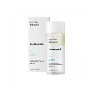 Mesoestetic Micellar Biphasic make-up remover formulated for high tolerance in the eye and lips. Gently removes dirt and make-up, even if waterproof without leaving an oily residue.