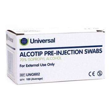 Alcotip alcohol swabs are used on unbroken skin prior to injections to clean the needle insertion area. These pre-injection swabs can also be used to clean skin of excess oils before attaching dressings. Alcotips are 70% Isopropyl Alcohol wipes and are in