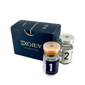  Exojuv is a blend of 250 growth factors like polynucleotides, amino acids, vitamins, glutathione, and hyaluronic acid. It’s simple to use with two vials: one with exosome-collagen mix (Vial 1) and the other with growth factors (Vial 2). When mixed, these