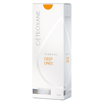 Teosyal Puresense Deep Lines is used for filling highly pronounced wrinkles. Teosyal Puresense Deep Lines has an optimal viscoelastic profile, adapted for treating deep wrinkles such as severe nasolabial folds and marionette lines. The product contains li