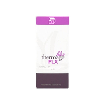 The Thermage FLX Total Tip 4.0 uses precise heating technique to address lines and wrinkles for tightening and lifting effect. It is up to 25% faster treatment time.