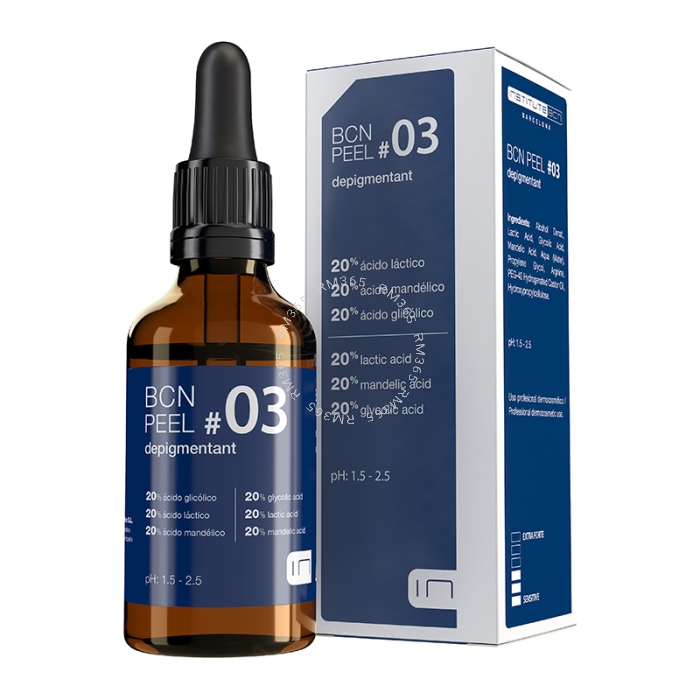 BCN Peel #03 Depigmentant is a chemical exfoliant that combines three alpha hydroxy acids (AHAs): lactic acid, mandelic acid and glycolic acid. It is characterised by its depigmenting, antioxidant and regenerative action.