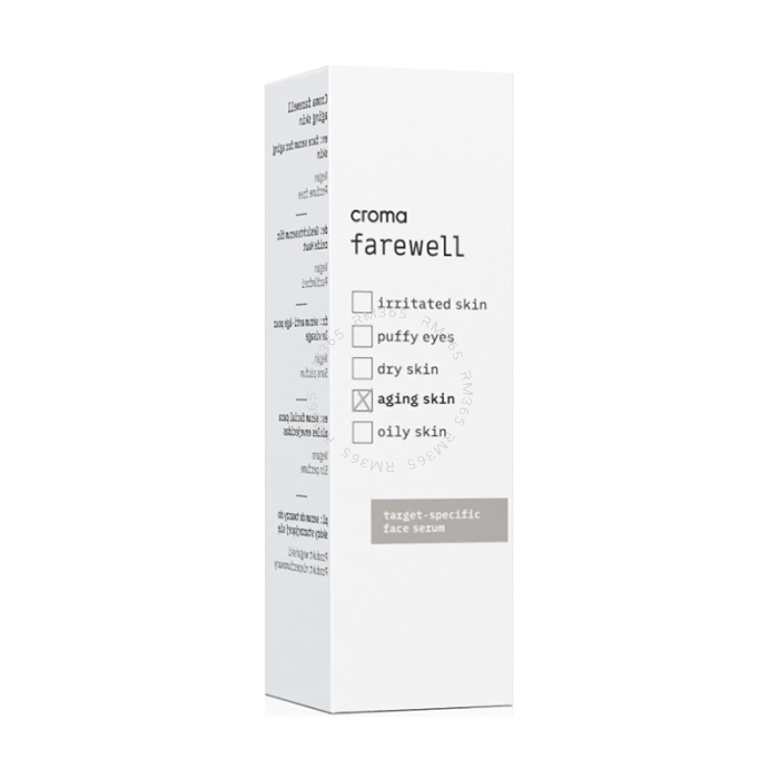 Farewell aging skin is enriched with Hyaluronic Acid and Madecassoside to keep the skin hydrated and to improve the suppleness and firmness of the skin. Marine ferment extract and a plant derived alternative to Retinol are known for anti-aging effects and