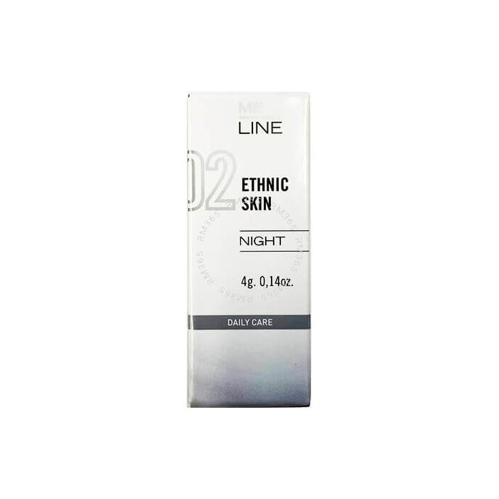 ME Line 02 Ethnic Skin Night improves and delays the appearance of skin pigmentation in phototypes IV - VI. It inhibits the expression of the tyrokinase enzyme, thereby inhibiting the synthesis of melanin.