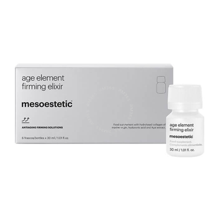 Mesoestetic age element firming elixir - ANTIAGING FIRMING SOLUTIONS.
A comprehensive action with high-quality marine collagen peptides to stimulate the production of endogenous collagen and protect it from degradation, as well as active ingredients, suc