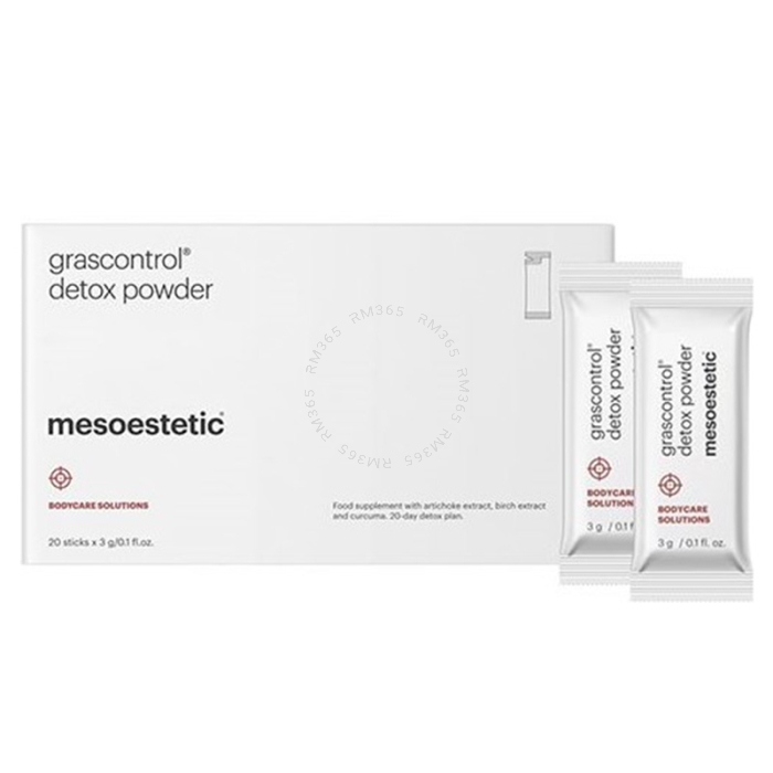 Mesoestetic Grascontrol Detox Powder (20 x 3g) - Dietary supplement in power format with artichoke extract, birch extract and turmeric. Includes 20 sticks - mango flavour