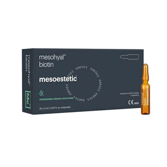 Mesohyal Biotin is a revitalizing treatment based on blend of 0.5% vitamin B8, mineral salts and non-crosslinked hyaluronic acid. It is indicated as a treatment for reactivation of epidermal cell metabolism and scalp, alopecia, antiaging and seborrheic de