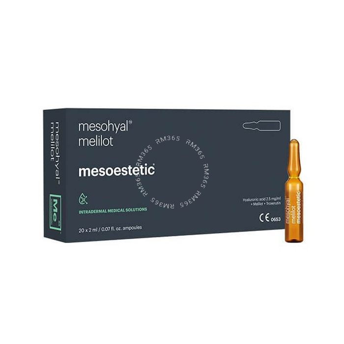 Mesohyal Melilot is an anti-cellulite treatment based on mix of 0,3% melilot extract, mineral salts, troxerutin and a non-crosslinked hyaluronic acid. It is indicated as a treatment for oedematous cellulite and fluid retention. 