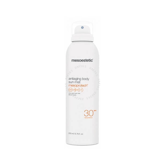 Mesoestetic Mesoprotech Antiaging Body Sun Mist SPF 30 contains the optimal combination of physical, biological and chemical filters to provide maximum effectiveness and protection.