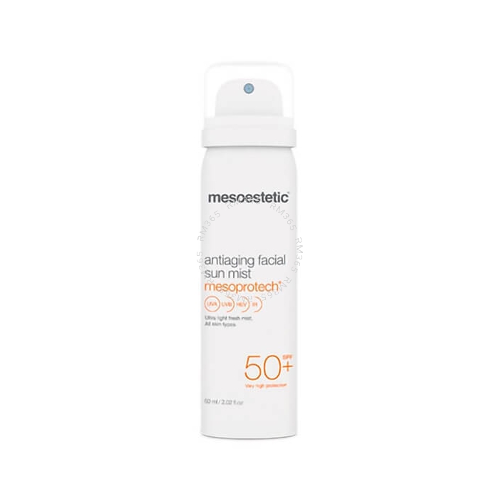 Mesoestetic Mesoprotech Antiaging Facial Sun Mist SPF 50+ Facial mist provides a very high sun protection. Fresh, ultra-light texture, with no oily residue. Ideal to take along with you and reapply in the daytime. Suitable after make-up.