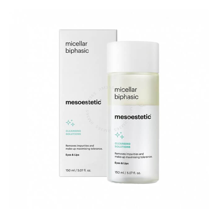 Mesoestetic Micellar Biphasic make-up remover formulated for high tolerance in the eye and lips. Gently removes dirt and make-up, even if waterproof without leaving an oily residue.
