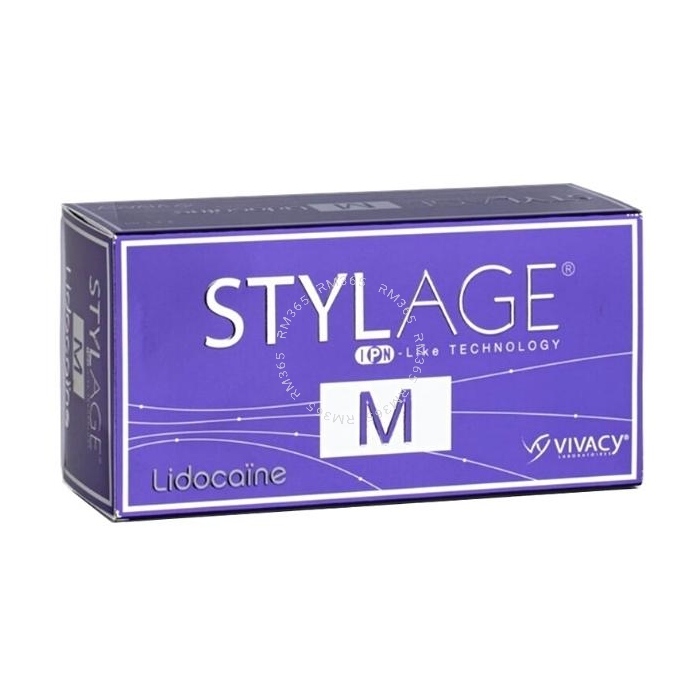 Stylage M Lidocaine a cross-linked hyaluronic acid is used in the mid to deep dermis for filling of medium to deep naso-labial folds, smoothing of wrinkled and sagging areas, marionette lines, cheek wrinkles, hollow temple area, nasal hump reduction or na